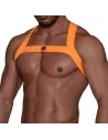 Harnais Elastique Fetish Orange Fluo de cote avec un short patriot blanc