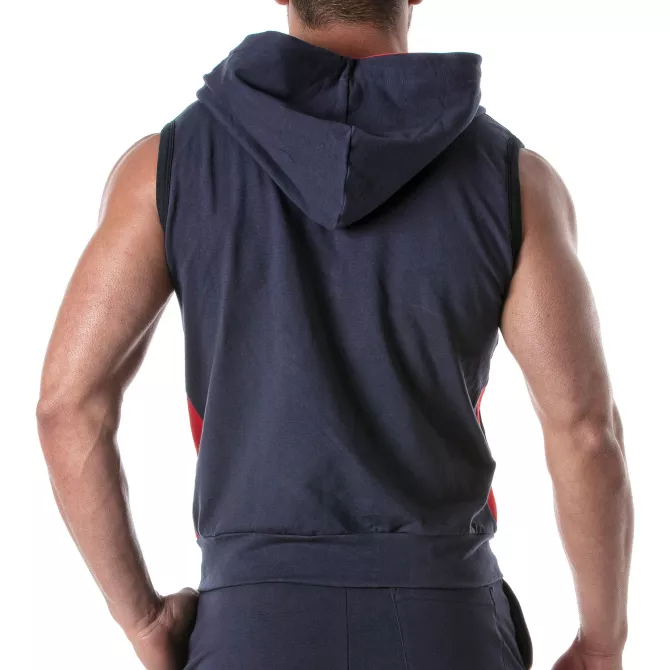 sweat a capuche zippe sans manches bleu de dos