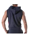 sweat a capuche zippe sans manches bleu de dos