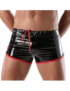 short pour homme en vinyl noir et rouge de face vu de près
