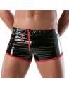 short pour homme en vinyl noir et rouge de face vu de près