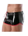 short pour homme en vinyl noir et rouge de profil vu de près
