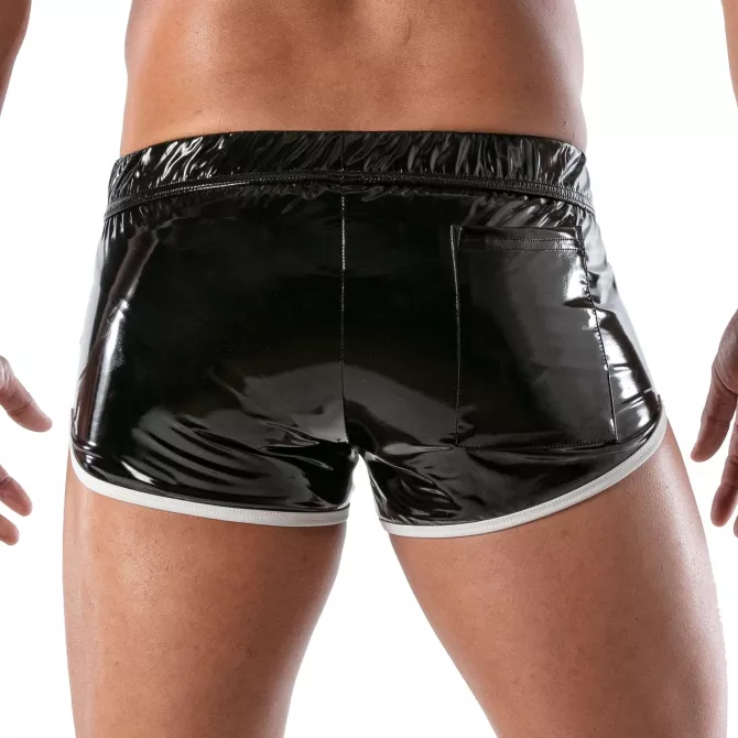 black and white vinyl fetish shorts from behind with tight shot