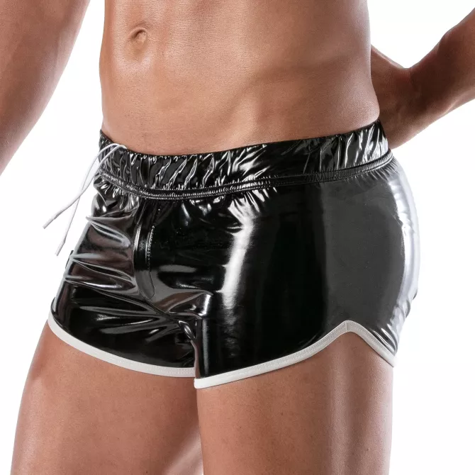 black and white vinyl shorts in profile tight shot
