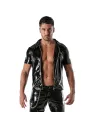 man wearing an open black vinyl zipped vest