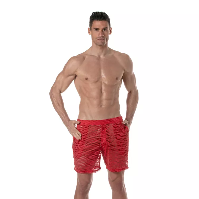 See Through Mens Long Shorts Red from face