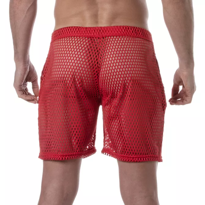 See Through Mens Long Shorts Red from the back