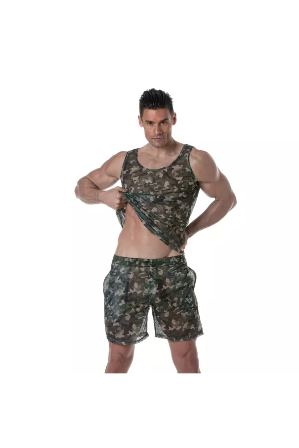Débardeur en maille transparente Camo Kaki Pour Homme - Tof Paris