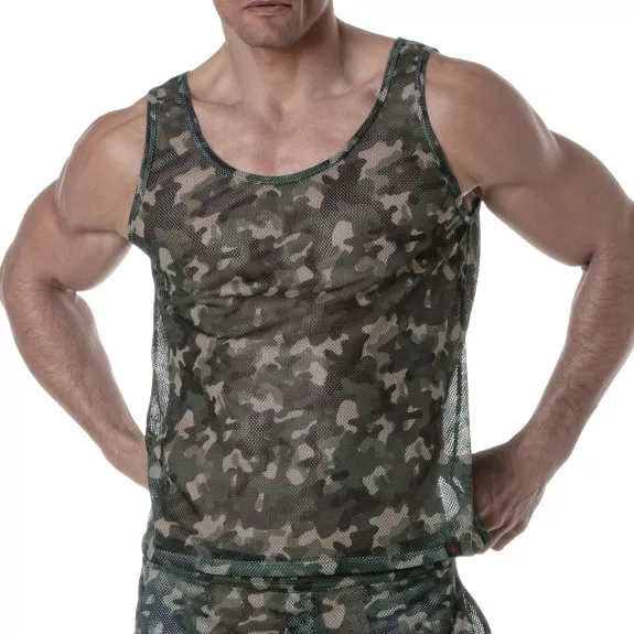 See Through Mesh Tank Top Khaki Camo