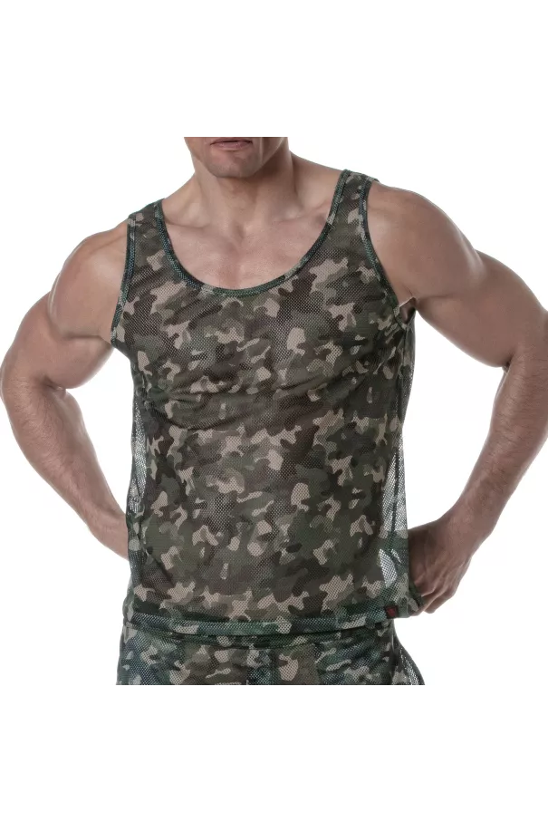 Débardeur en maille transparente Camo Kaki Pour Homme - Tof Paris