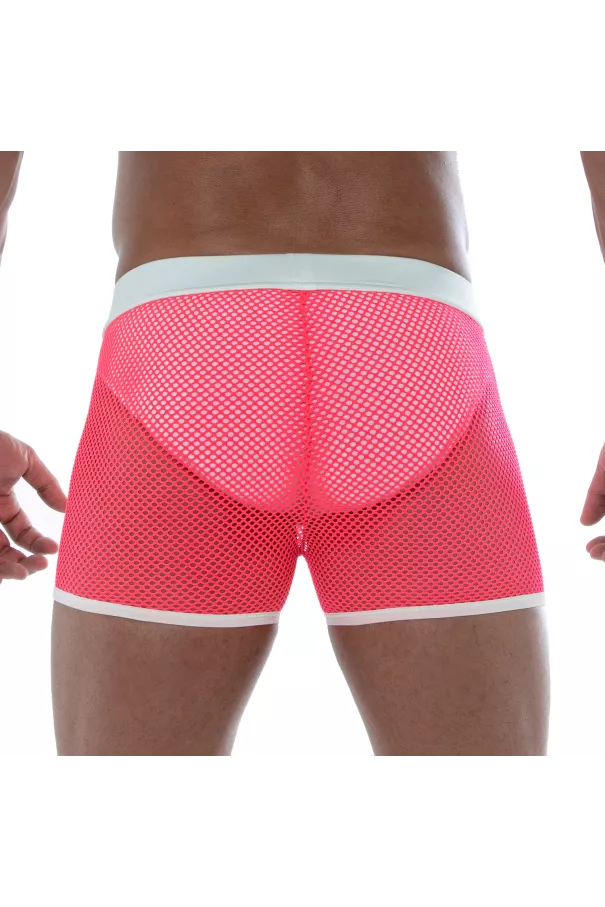 Neon Mesh Shorts Pink from the back with a white thong