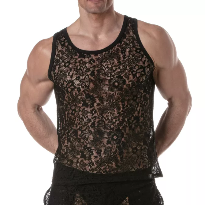 Men wearing Lace Tank Top Black